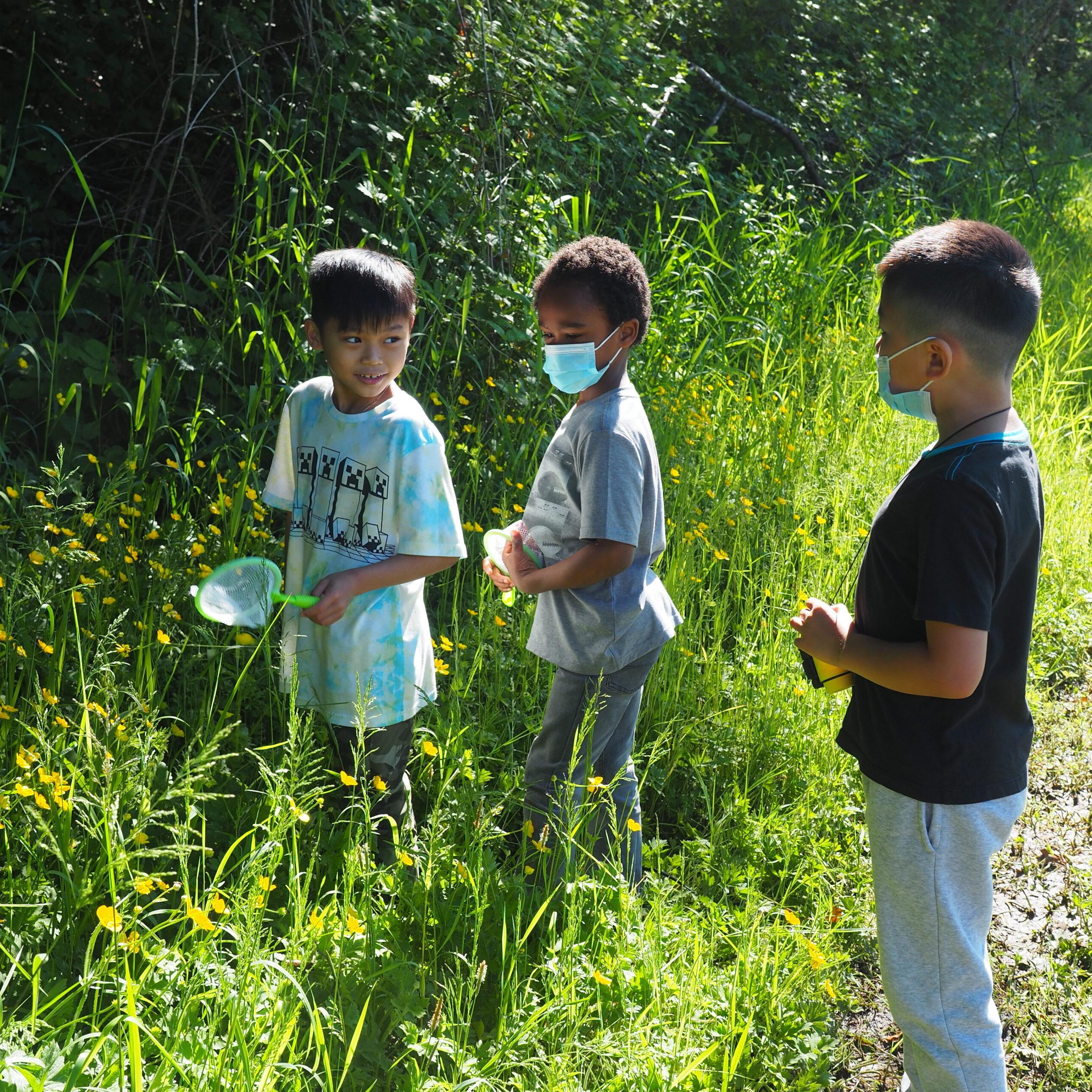 3个学生站在操场附近的草地上寻找传粉者